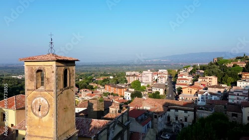 Aerial view of Cori, city in the province of Latina, central Italy. View on the bell tower of a church called 