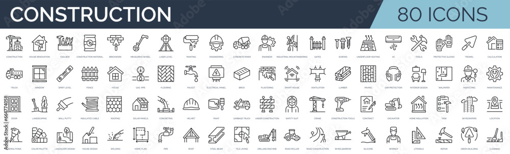 Set of 80 outline icons related to construction, renovation. Linear icon collection. Editable stroke. Vector illustration - obrazy, fototapety, plakaty 