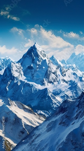 The beauty of a majestic and snow capped mountain range  with rugged peaks.