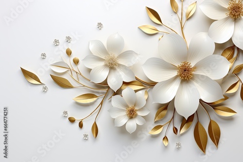 3d gold flowers white backgroung. #664774251