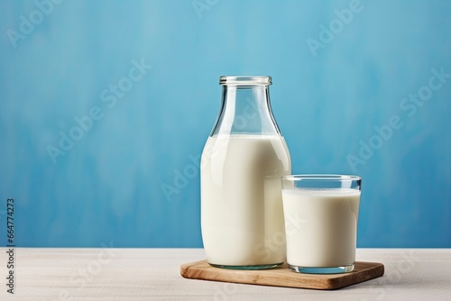 A bottle of milk and a glass of milk on a wooden table on a blue background.