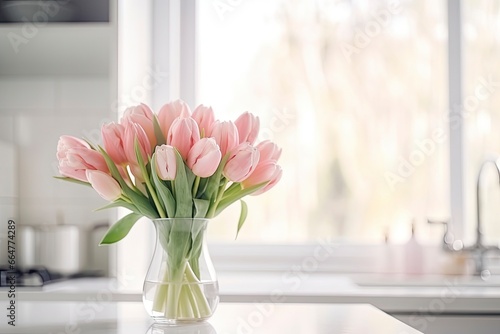 A bouquet of tulips on a white table.