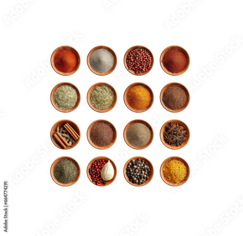 complete kitchen spices in a wooden plate isolated on white background