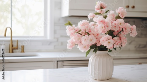 A white vase full of pink flowers is sitting on counter.