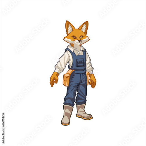 Charming Fox Anthropomorphic dressed as a Farmer wearing jumpsuit with Smile Confidently
