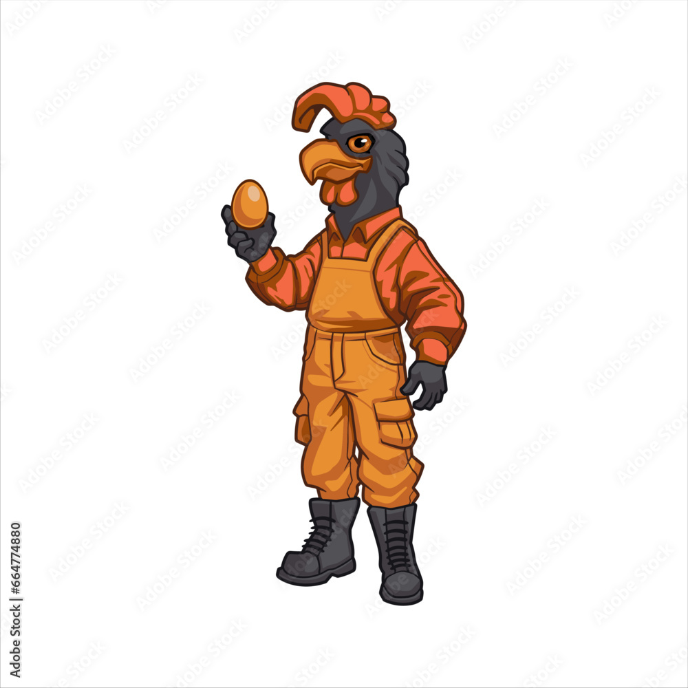 Anthropomorphic Charming Rooster dress like a Farmer and holding an egg Cartoon Illustration Anthropomorphic Charming Rooster dress like a Farmer and holding an egg Cartoon Illustration