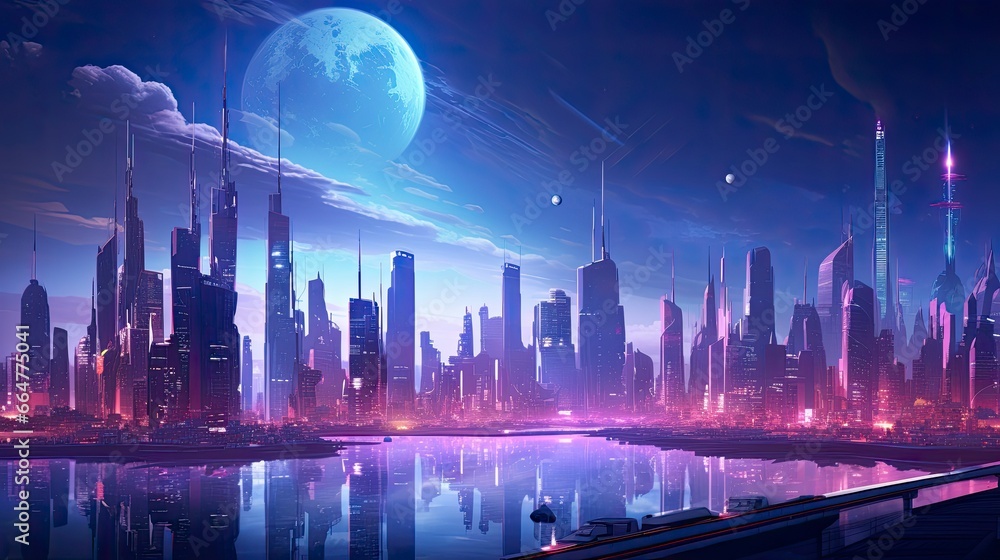  A futuristic, cyberpunk inspired cityscape at night.