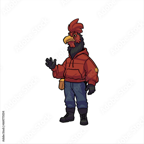 Anthropomorphic Rooster dress like Farmer and waving hand Cartoon Illustration
