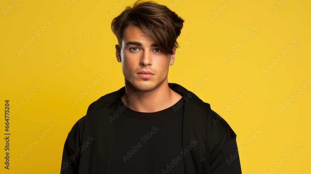 Fototapeta premium Handsome and Confident Fictional Male Model in Casual Clothes. Isolated on a Plain Colored Background. Generative AI.