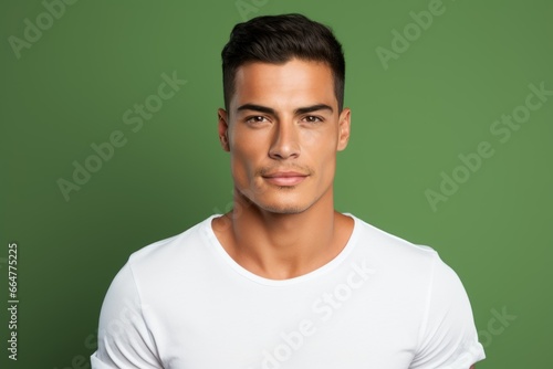 Handsome and Confident Fictional Male Model in Casual Clothes. Isolated on a Plain Green Background. Generative AI. photo