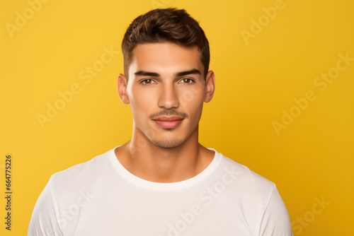 Handsome and Confident Fictional Male Model in Casual Clothes. Isolated on a Plain Yellow Colored Background. Generative AI.
