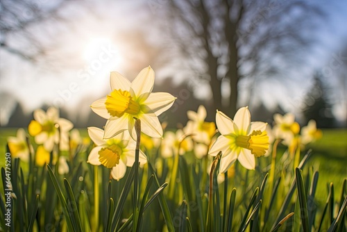 Daffodils in spring backlit by sun.
