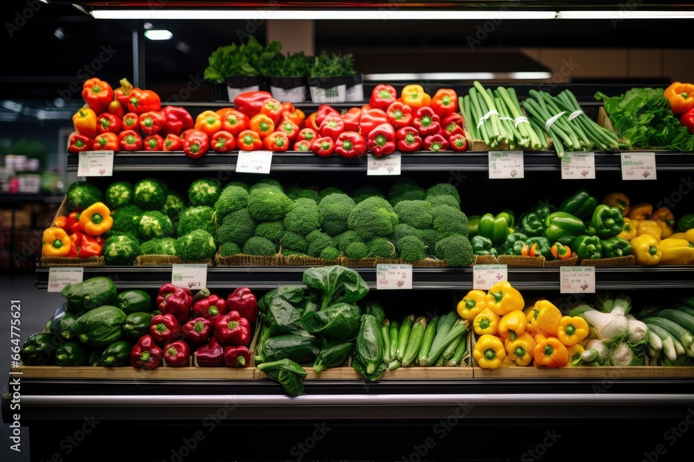 Fruits and vegetables on shop stand in supermarket grocery store.