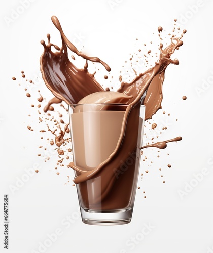 Glass with splashing cocoa, Chocolate Pouring, and splash. 3d illustration.