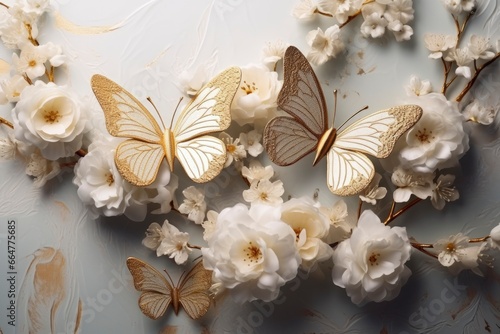 Goden butterflies with white flowers. © MstSanta