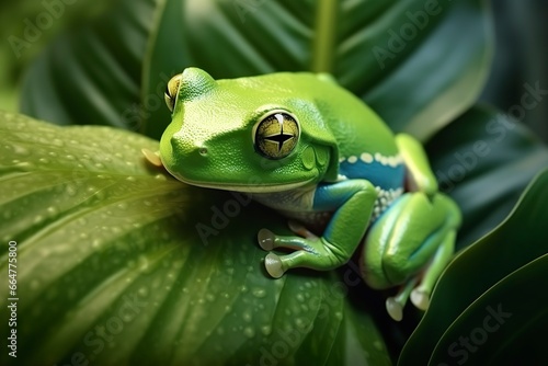 Tree Frog sitting on plant.