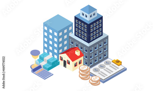 Real estate, investments, buildings, contract documentation, calculator.on blue background.3D design.isometric vector design Illustration.