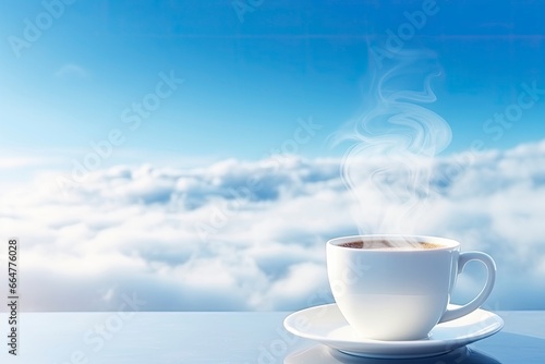 Hot coffee with smoke in the morning under blue sky.