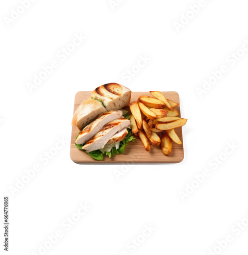 sandwiches and fries on a wooden board isolated on white background