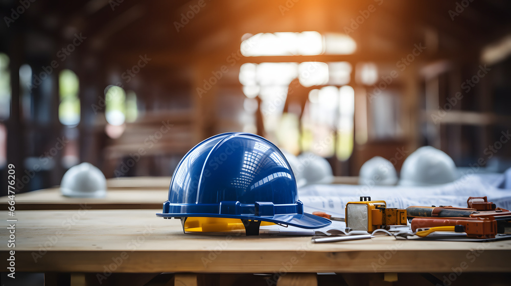 The white, blue and yellow safety helmet stacking on table with the blueprint and measuring tools at construction site for Engineer, foreman and worker. Safety first concept - obrazy, fototapety, plakaty 