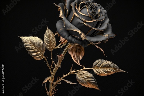 A luxurious black rose with golden accents