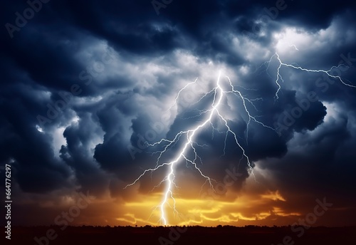 Lightning strikes on a cloudy dramatic stormy sky. © MstSanta