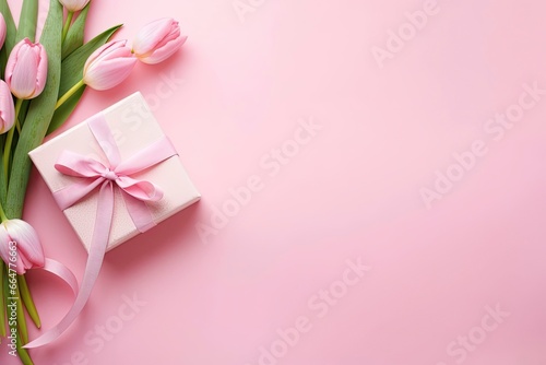 Pink gift box with ribbon bow and bouquet of tulips on isolated pastel pink background. #664776663