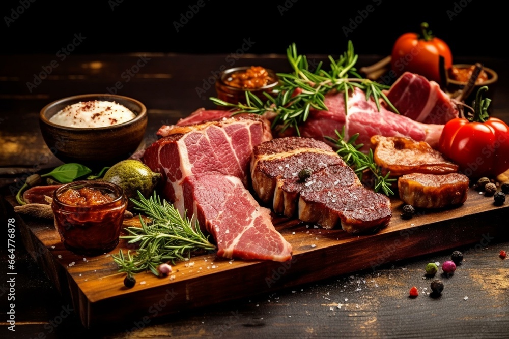 Tasty meats on wooden board with spices. Generative AI