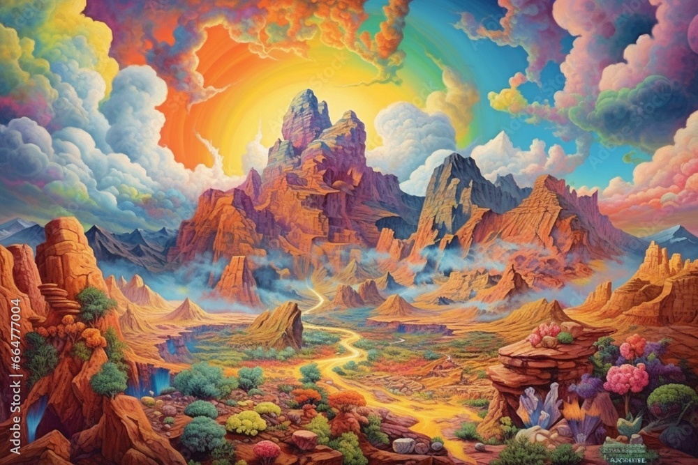 Desert mountains, colorful clouds, rainbow - 60s/70s psychedelic art. Generative AI