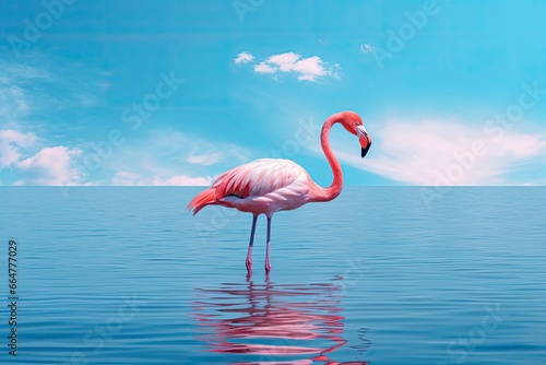 Pink Flamingo in the water. © MstSanta