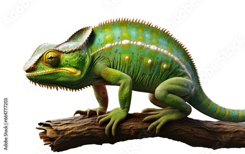 Stunning Green Chameleon Standing on the Branch on a Clear Surface or PNG Transparent Background.