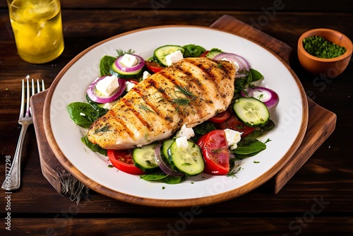 Seared chicken breast and Greek salad on a wooden table.