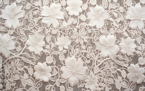 Textured fabric pattern with elegant vintage lace and floral hand embroidery. Decorative wedding design sample.