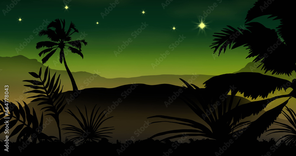 Fototapeta premium Exotic palm trees with stars on green background