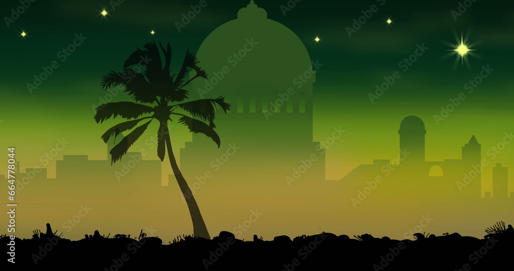 Fototapeta premium Exotic palm tree with stars and cityscape on green background