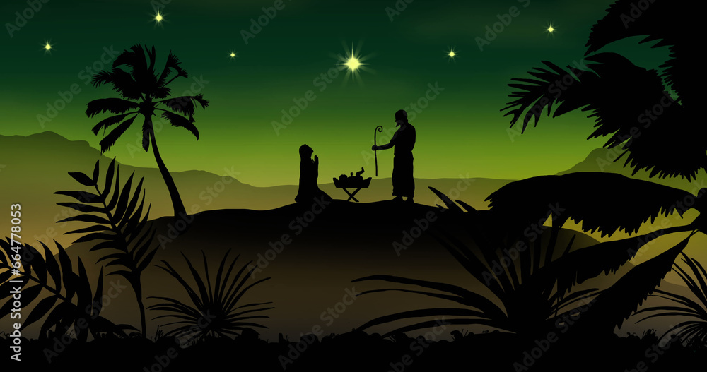 Fototapeta premium Nativity scene and palm trees on green background