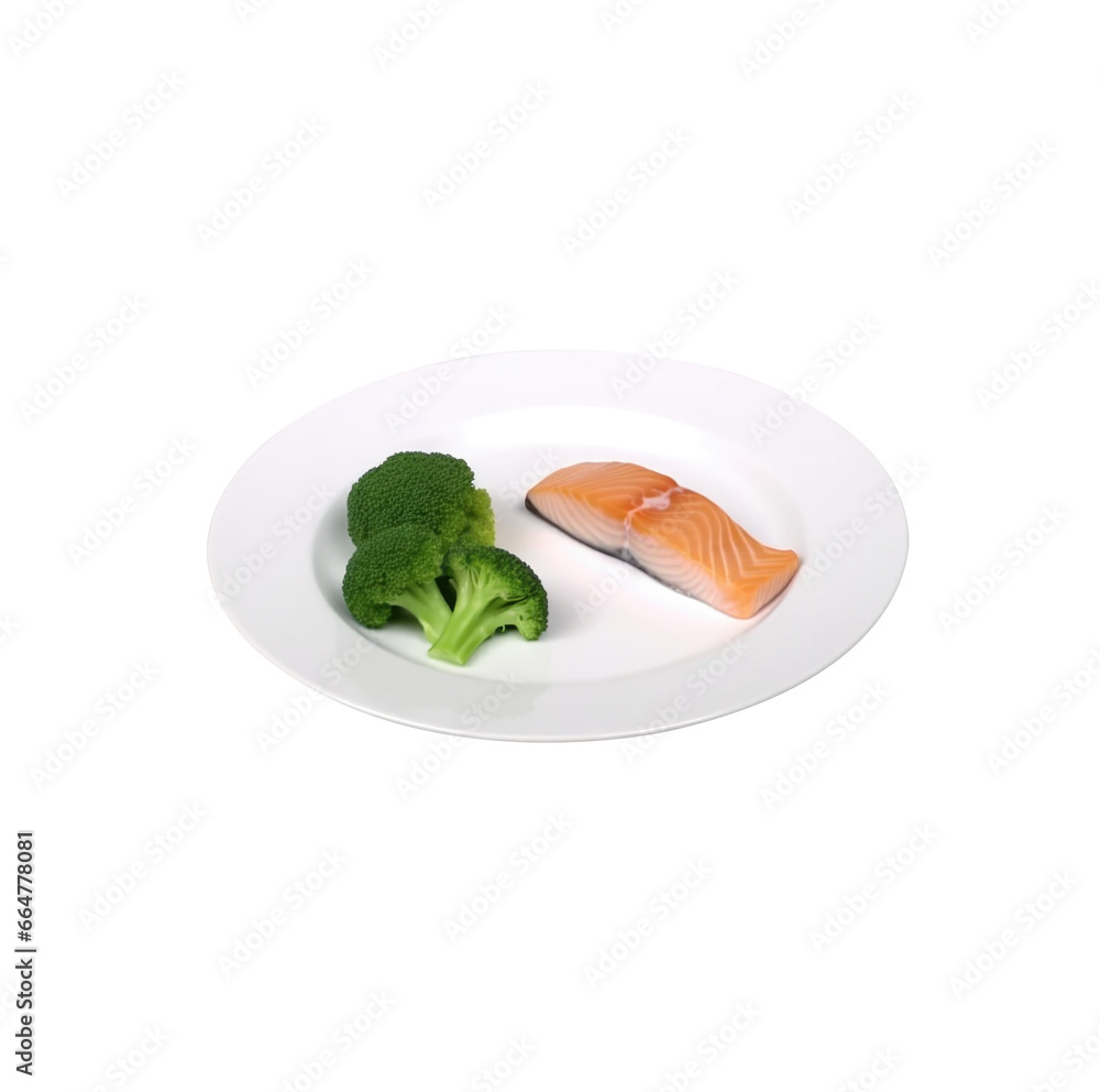 pieces of salmon and broccoli on a white plate isolated on white background