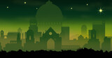 Cityscape with stars on green background