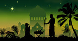 Nativity scene and cityscape on green background