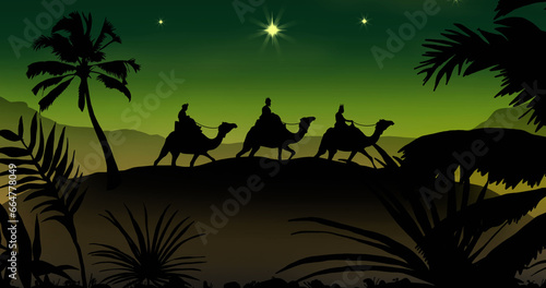 Three wise men on camels on green background