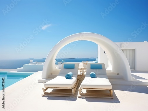 Two sunbeds on the white terrace with an arch under a blue sky generative ai © tanjidvect