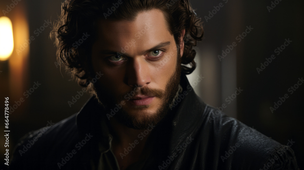 Portrait of an attractive man wearing a black jacket, handsome, long black hair, curly Portrait of an attractive man wearing a black jacket, handsome, long black hair, curly
