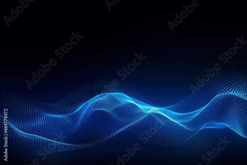 Dynamic blue particle wave. Abstract sound visualization. Digital structure of the wave flow of luminous particles.