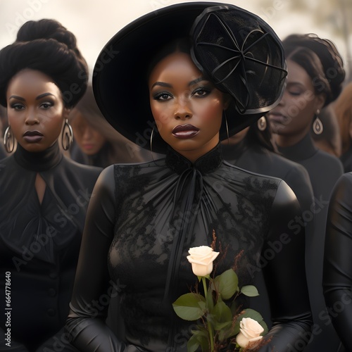 Beautiful black woman at a funeral in church,African American woman wearing black dress and people behind her, with generative AI