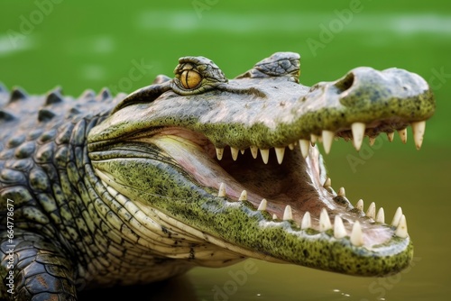 Crocodile with its mouth wide open with a green lake in the green background. © MstSanta