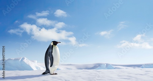 Penguin standing in Antarctica looking into the blue sky.