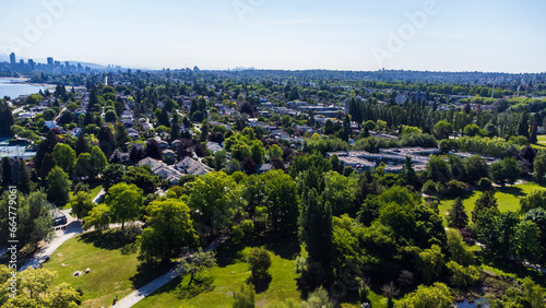 Kitsalano on a sunny day. View of the rows of houses with Downtown Vancouver in the distance 