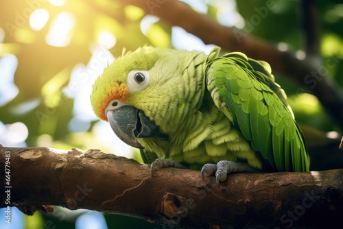 A green parrot on a branch.