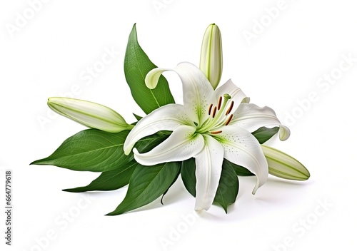 Beautiful fresh lily flower with green leaves, isolated on white background. © MstSanta