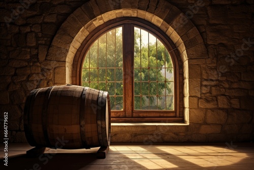 Barrel in an ancient castle beside the window. © MstSanta